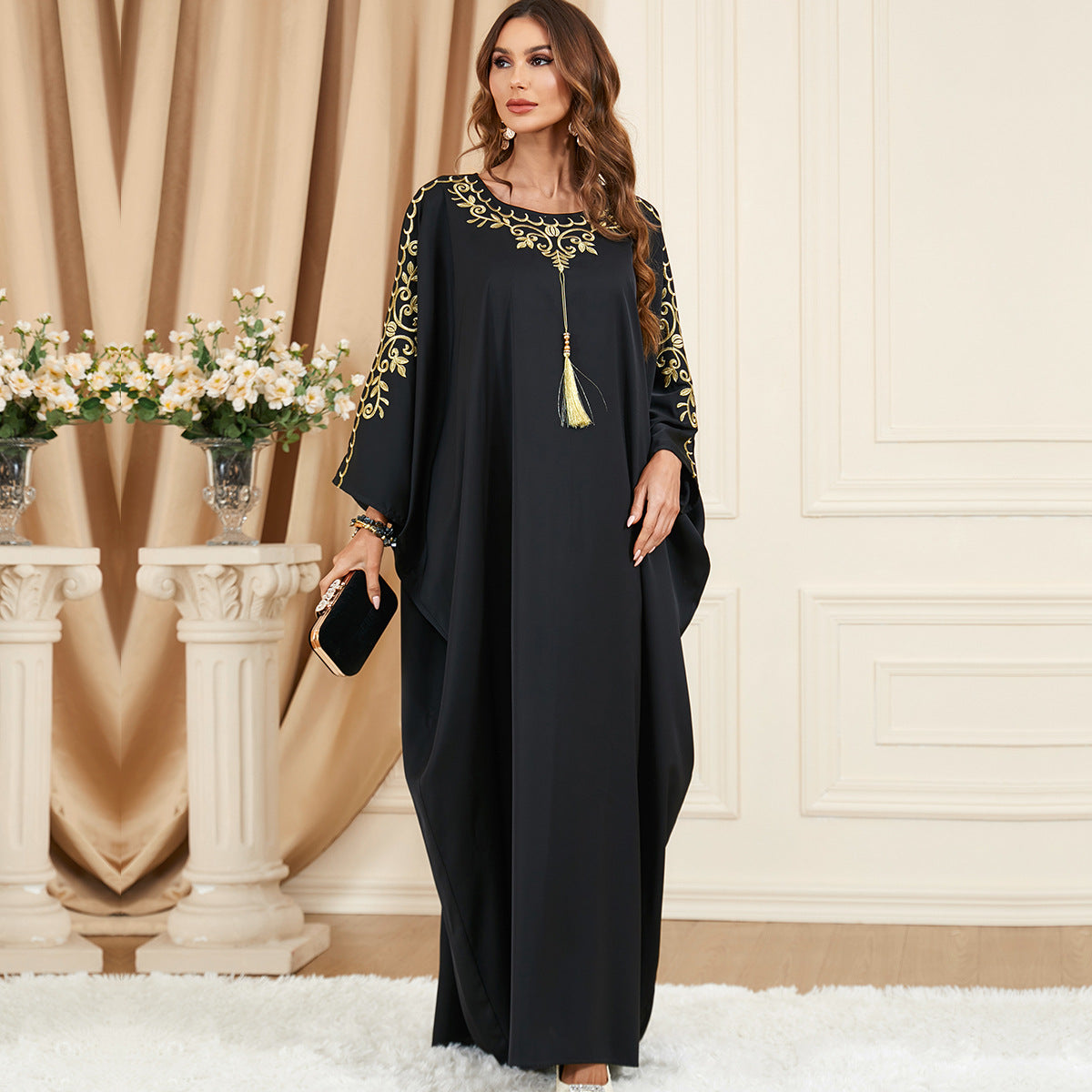 Women's Embroidered Patchwork Bat Sleeve Dress