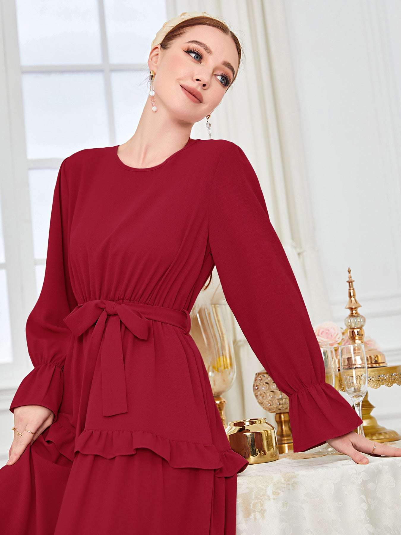 Islamic Plain Ruffled Red Abaya Dress