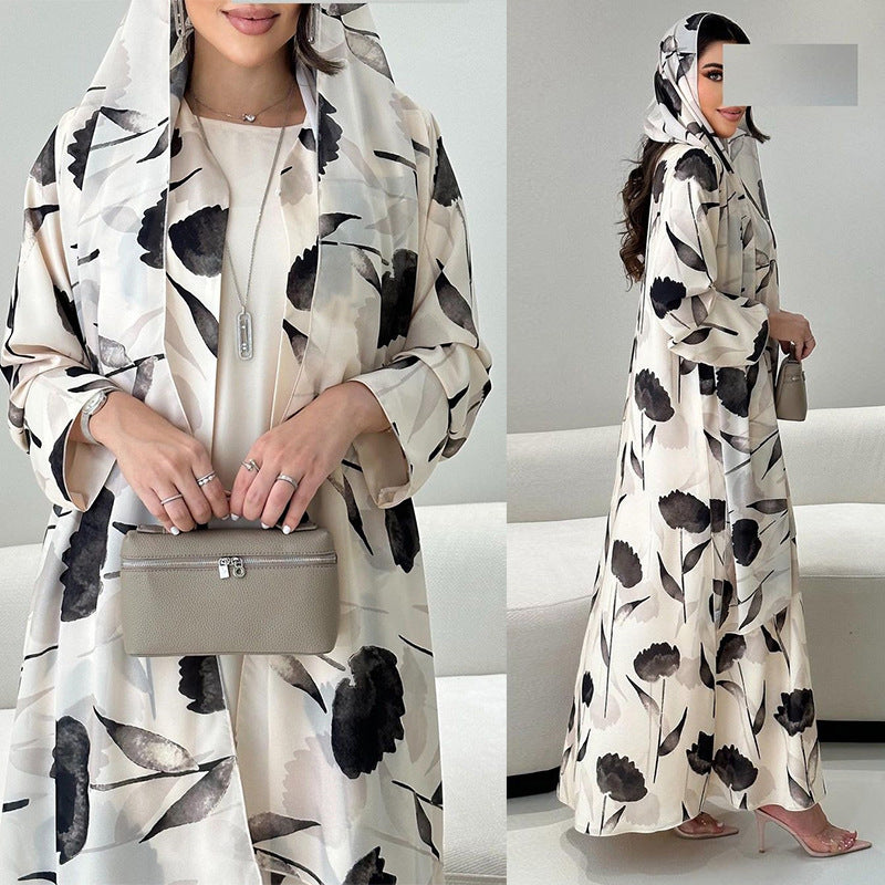 Women's Printed Robe Open Abaya with Hijab