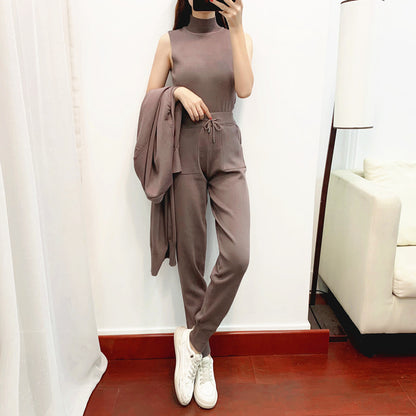 Casual Knitted Cardigan Vest Pants Three-piece Set