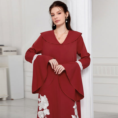 Women's V-neck Flared Sleeves Embroidered Robe Dress