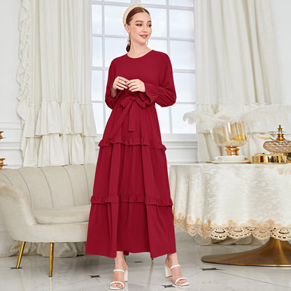 Islamic Plain Ruffled Red Abaya Dress