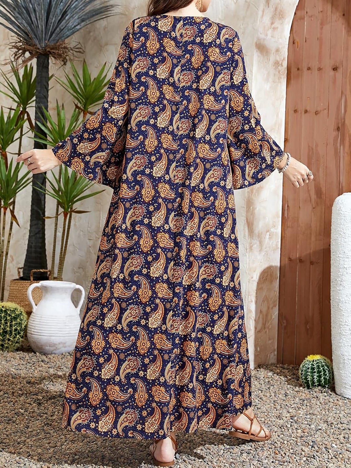 Women's Printed Casual Panelled Flared Sleeve Dress