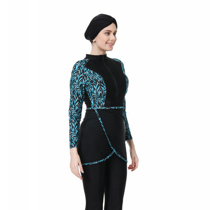 Printed Patchwork Pants + Top + Hat Three-piece Swimsuit Burkini