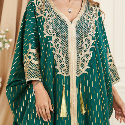 Muslim Green Stamped batwing Sleeve Patchwork Fringe Dress