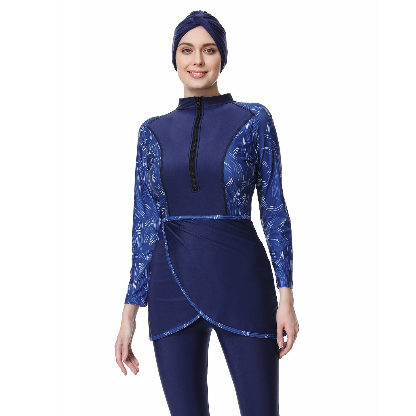 Printed Patchwork Pants + Top + Hat Three-piece Swimsuit Burkini