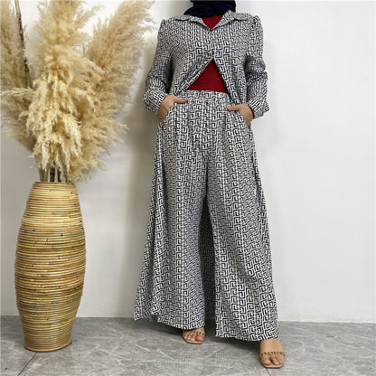 Printed Satin Button-down Robe+ Pocket Pants Two-piece Set