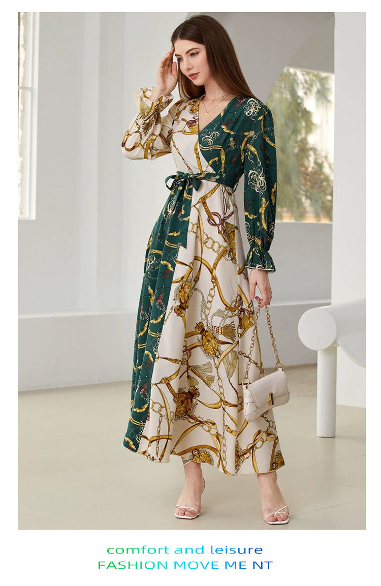 Women's V-neck Long-sleeve Color-block Printed Dress