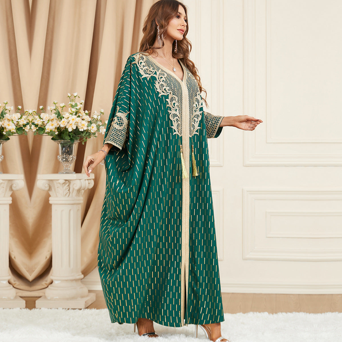 Muslim Green Stamped batwing Sleeve Patchwork Fringe Dress