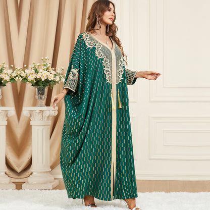Muslim Green Stamped batwing Sleeve Patchwork Fringe Dress