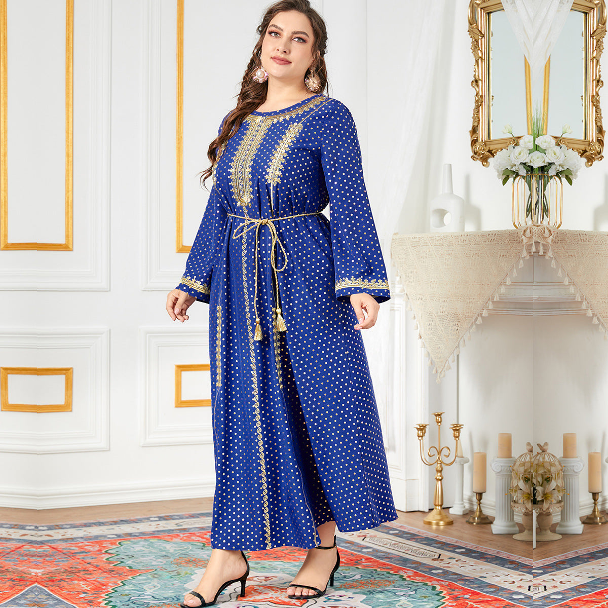 Gold Thread Embroidered Ethnic Style Long Sleeve Dress