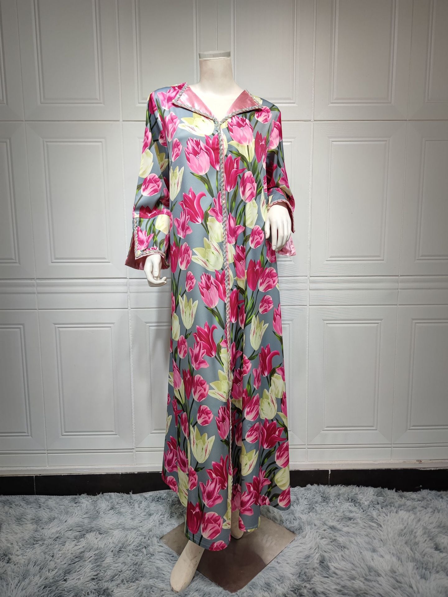 Sweet Tulip Print Robe Abaya Dress