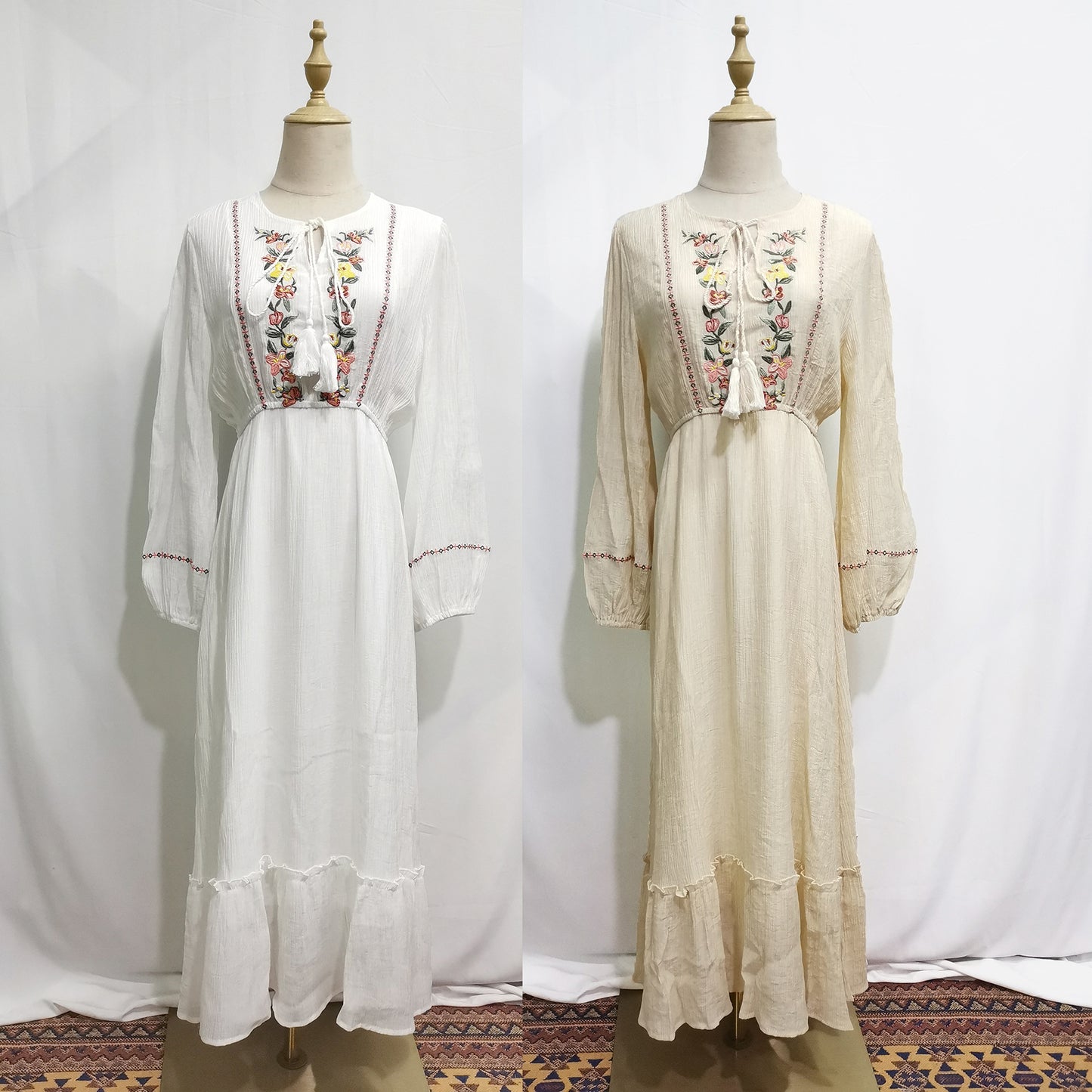 Women's Embroidered Fungus Trim Modest Dress