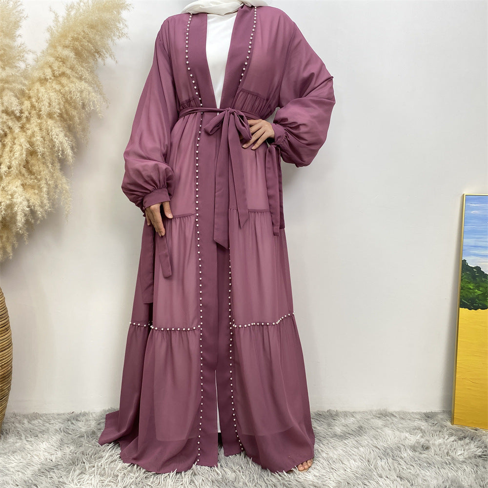 Solid Beaded Strappy Chiffon Cardigan Robe