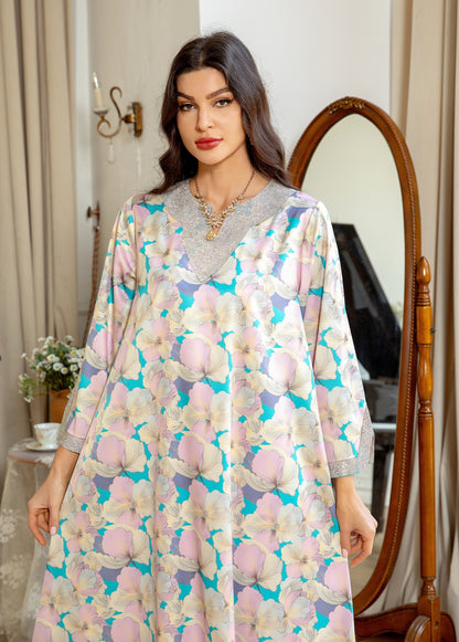 Women's Fashion Print Jalabiya Pink Dress