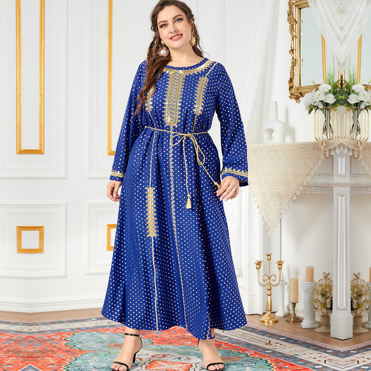 Gold Thread Embroidered Ethnic Style Long Sleeve Dress