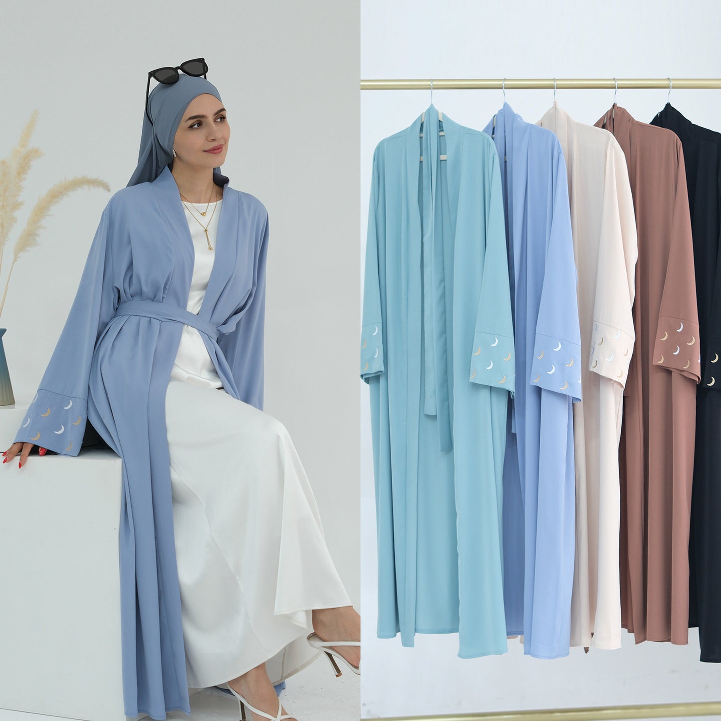 Plain Moon embroidered Elegant Cardigan Robe