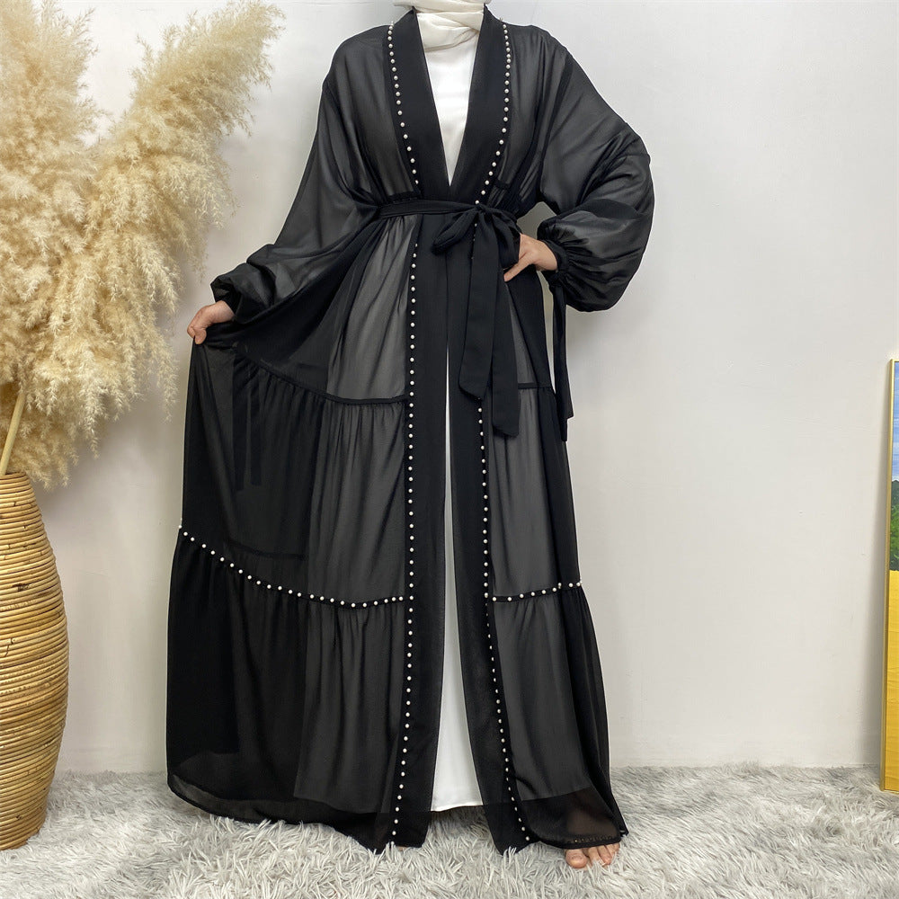 Solid Beaded Strappy Chiffon Cardigan Robe