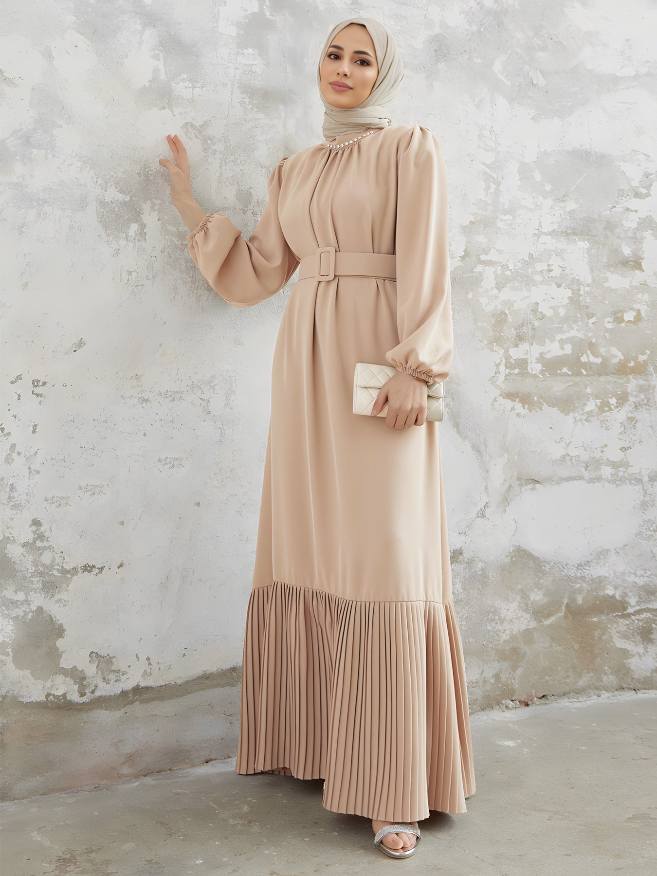 Beaded Pressed Pleated Plain Dress