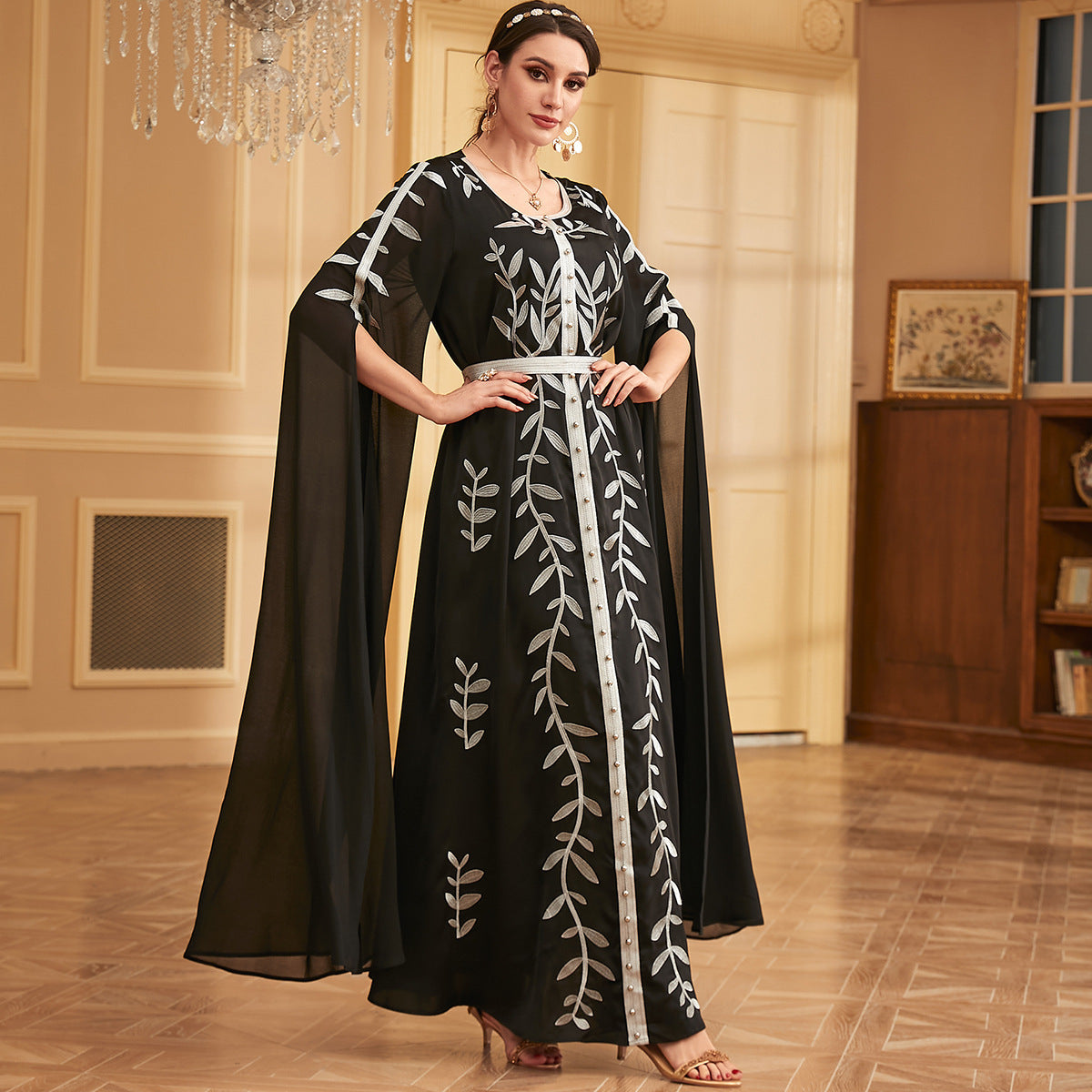 Embroidered Beaded Panel Dress with Large Swing Sleeves