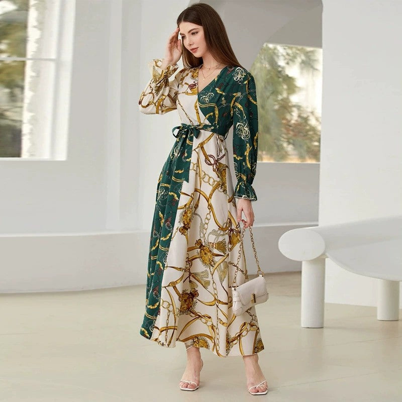 Women's V-neck Long-sleeve Color-block Printed Dress