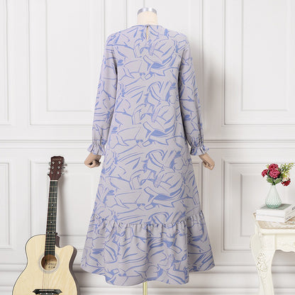 Women's Long-sleeved Geometric Print Ruffle Dress