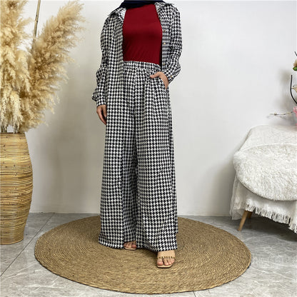 Printed Satin Button-down Robe+ Pocket Pants Two-piece Set