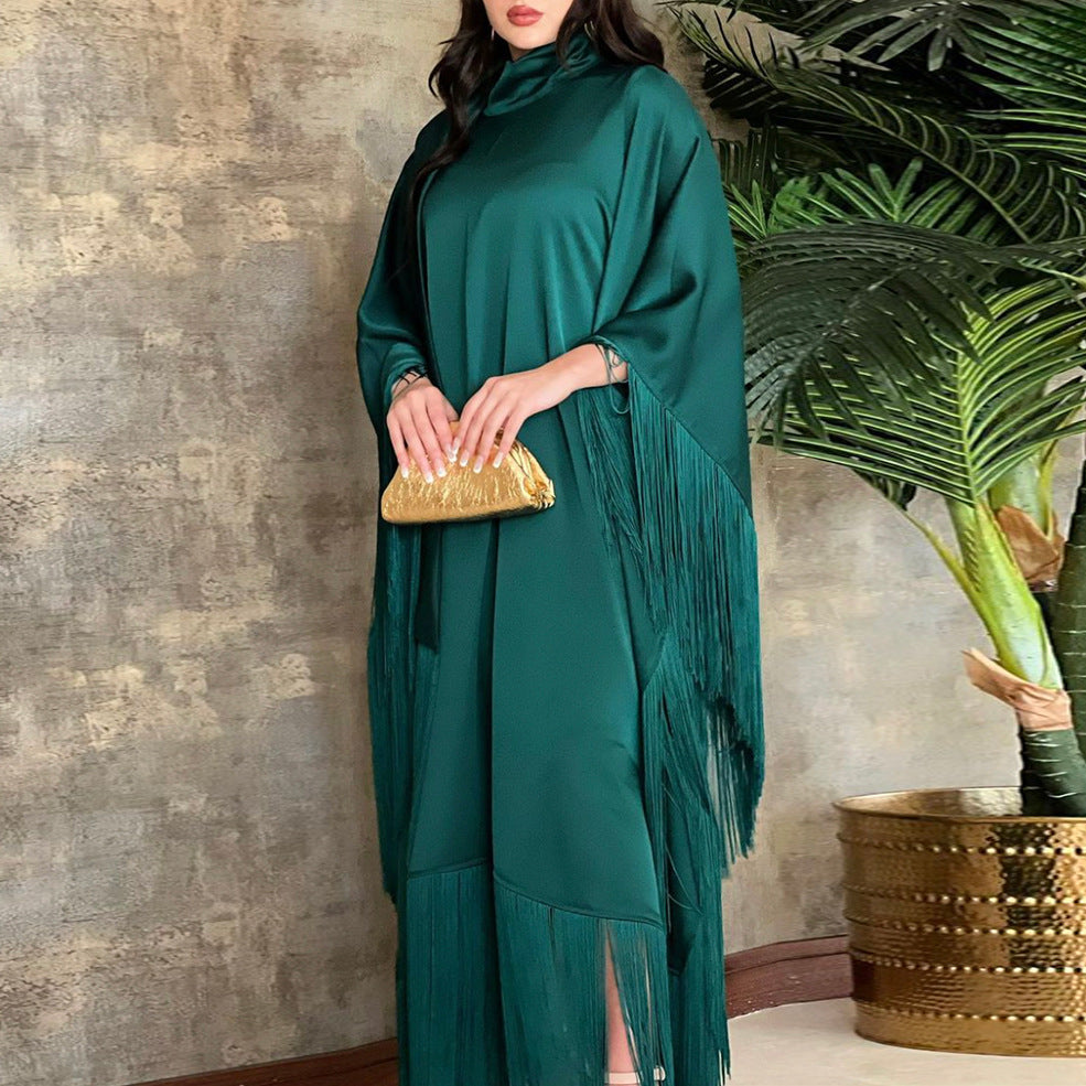 Women's Plain Batwing Sleeve Fringed Dress