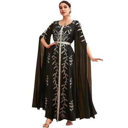 Embroidered Beaded Panel Dress with Large Swing Sleeves