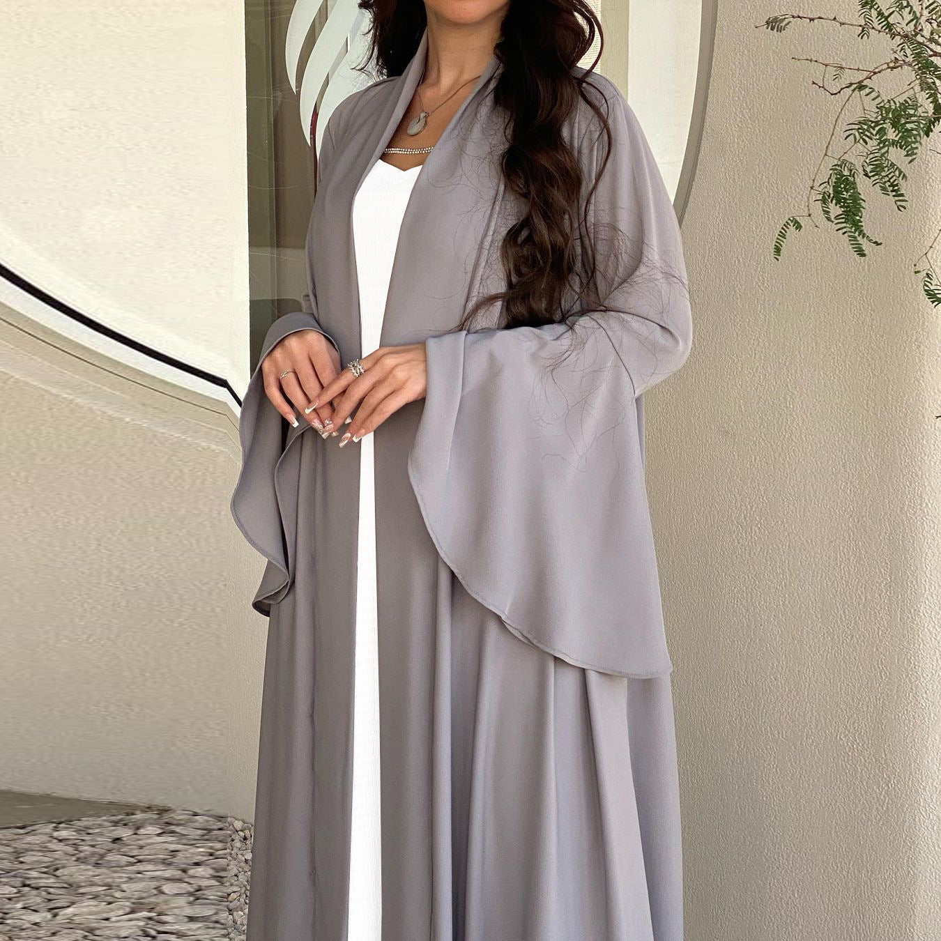 Women's Ruffle Sleeves Solid Color Open Abaya
