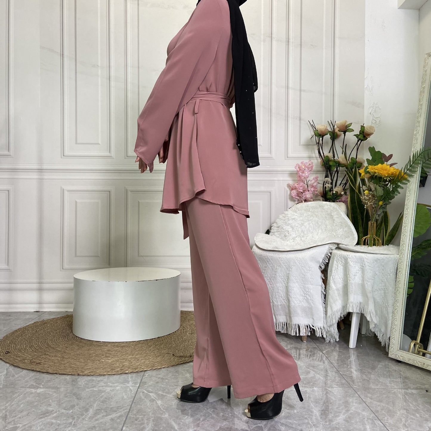 Women's Simple Wide-leg Pants with Lace-up Set