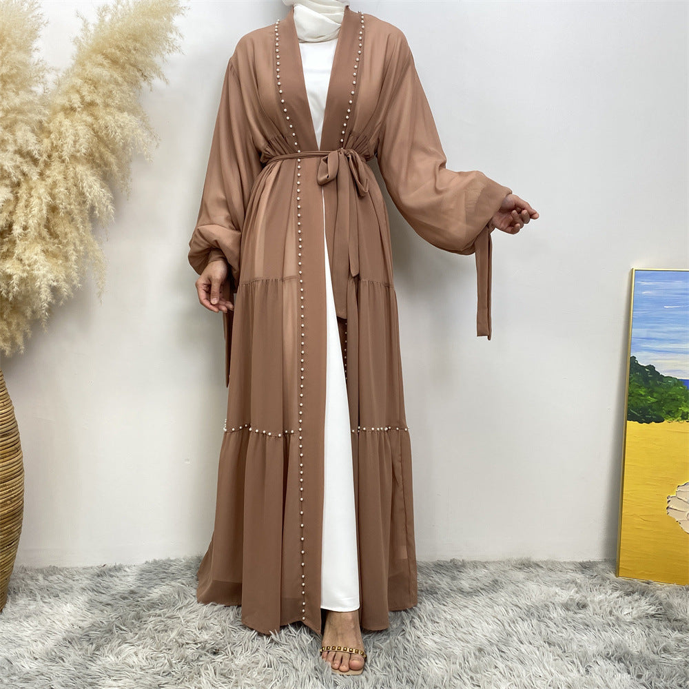 Solid Beaded Strappy Chiffon Cardigan Robe