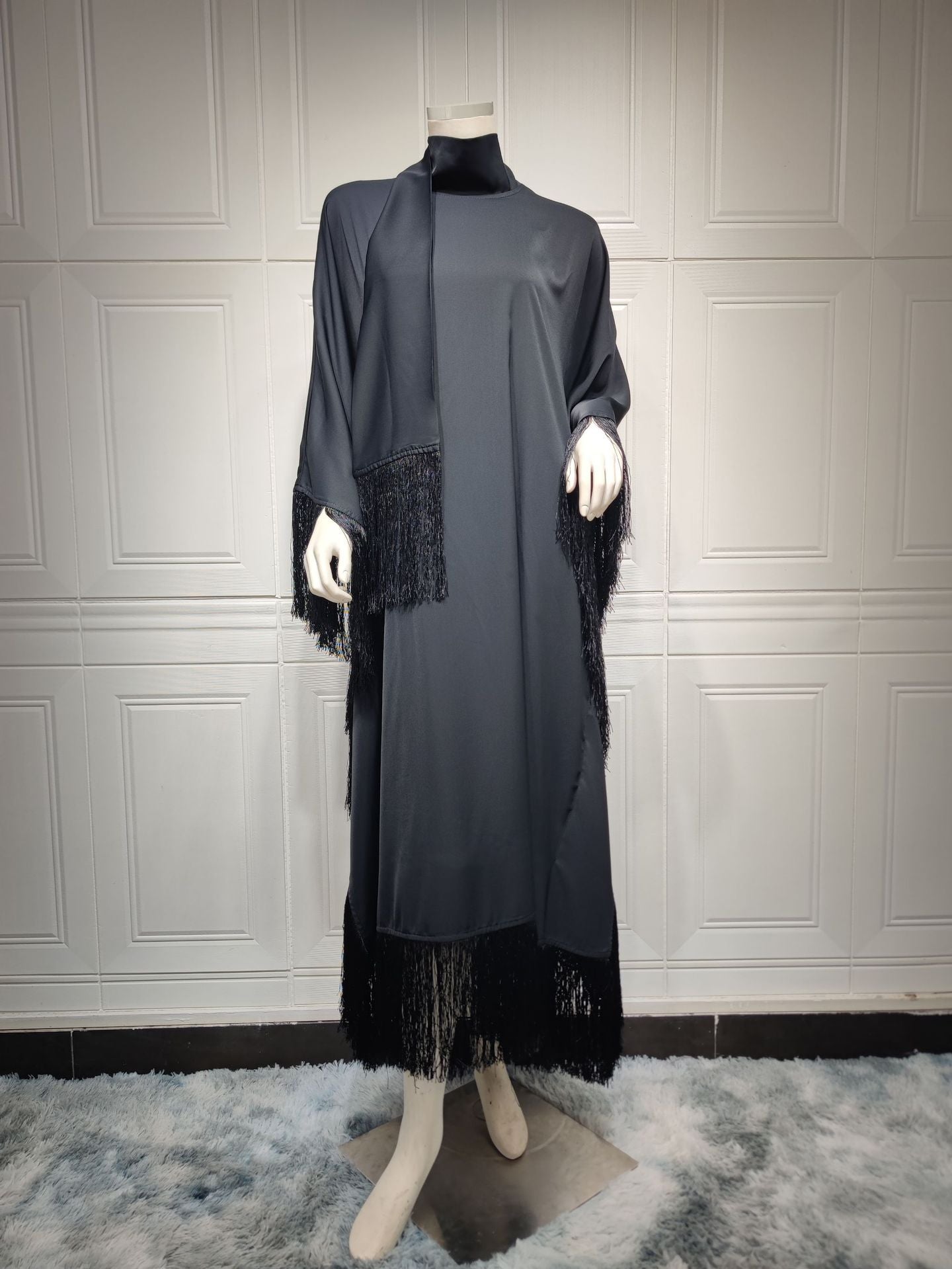 Women's Plain Batwing Sleeve Fringed Dress