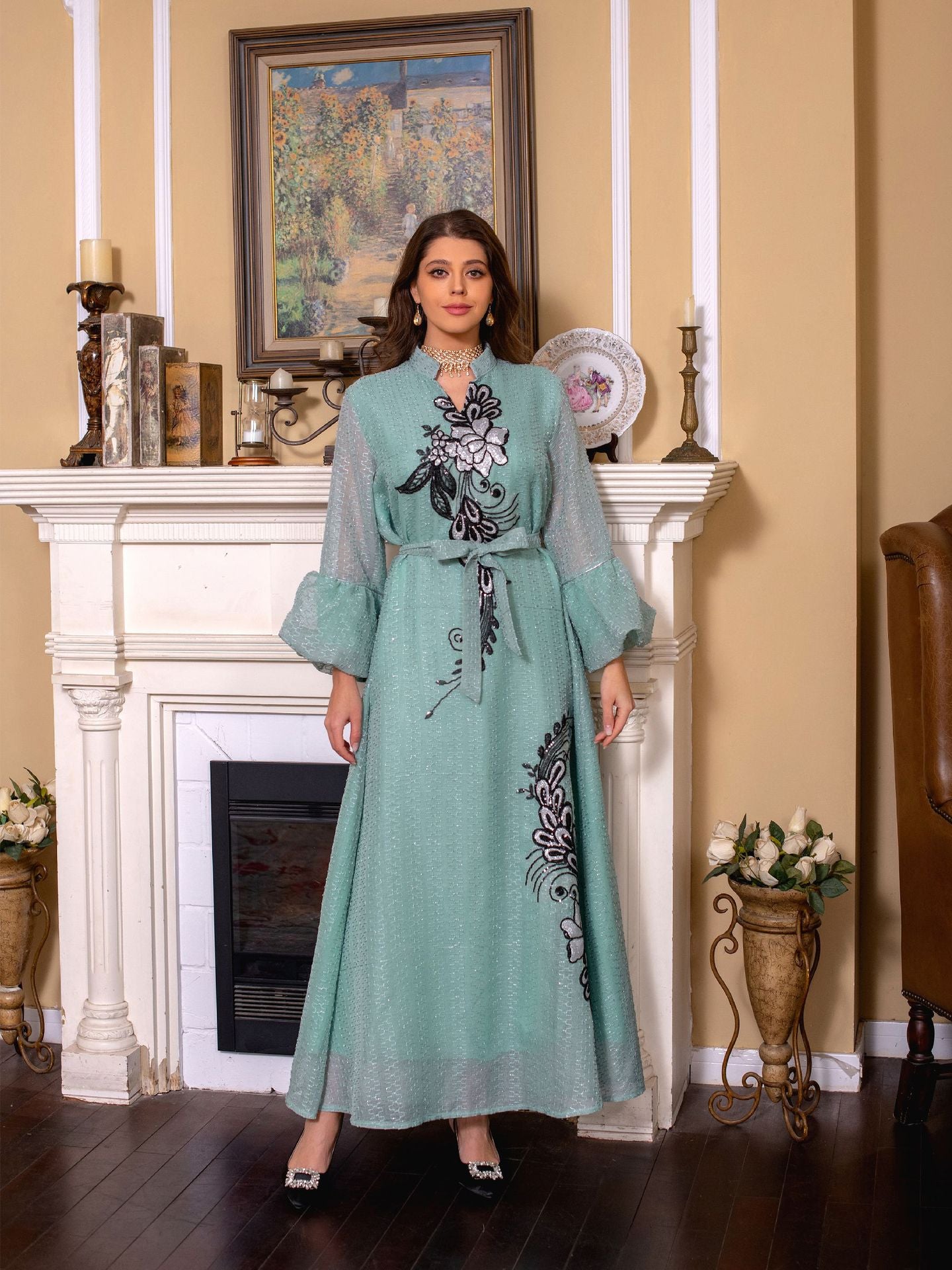 Floral Muslim Women's Embroidery Robe Dress