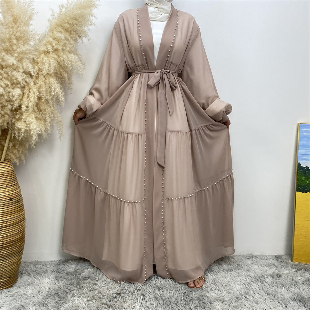 Solid Beaded Strappy Chiffon Cardigan Robe