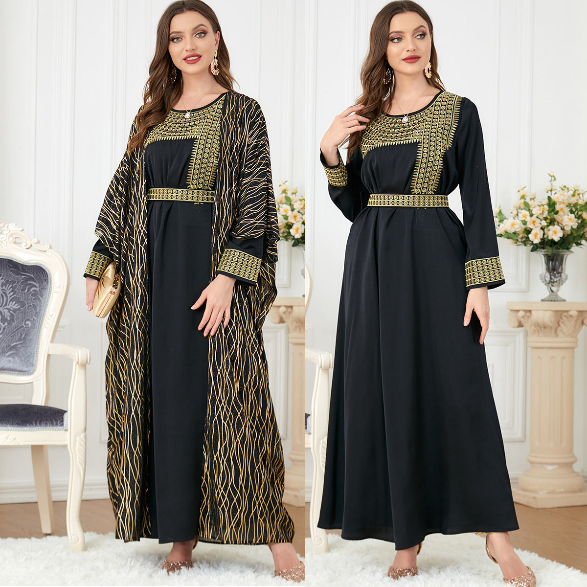 Women's Crew Neck Embroidered Gilded Long Sleeve Dress Two-piece Sets