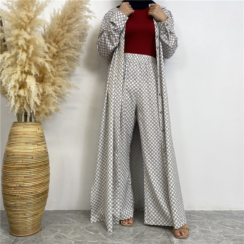 Printed Satin Button-down Robe+ Pocket Pants Two-piece Set