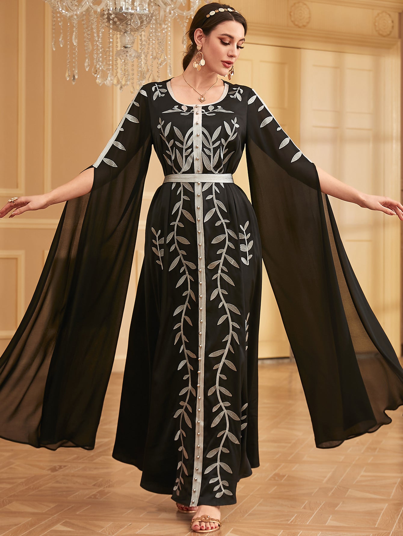 Embroidered Beaded Panel Dress with Large Swing Sleeves