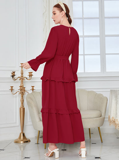 Islamic Plain Ruffled Red Abaya Dress