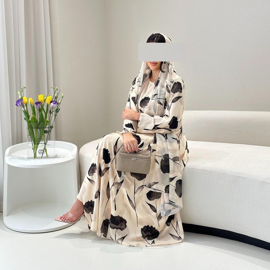 Women's Printed Robe Open Abaya with Hijab