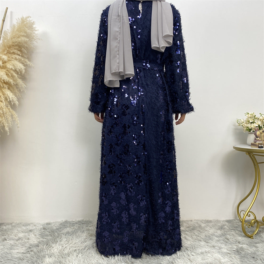 Sequin Fringed Crewneck Full Lining Maxi Dress