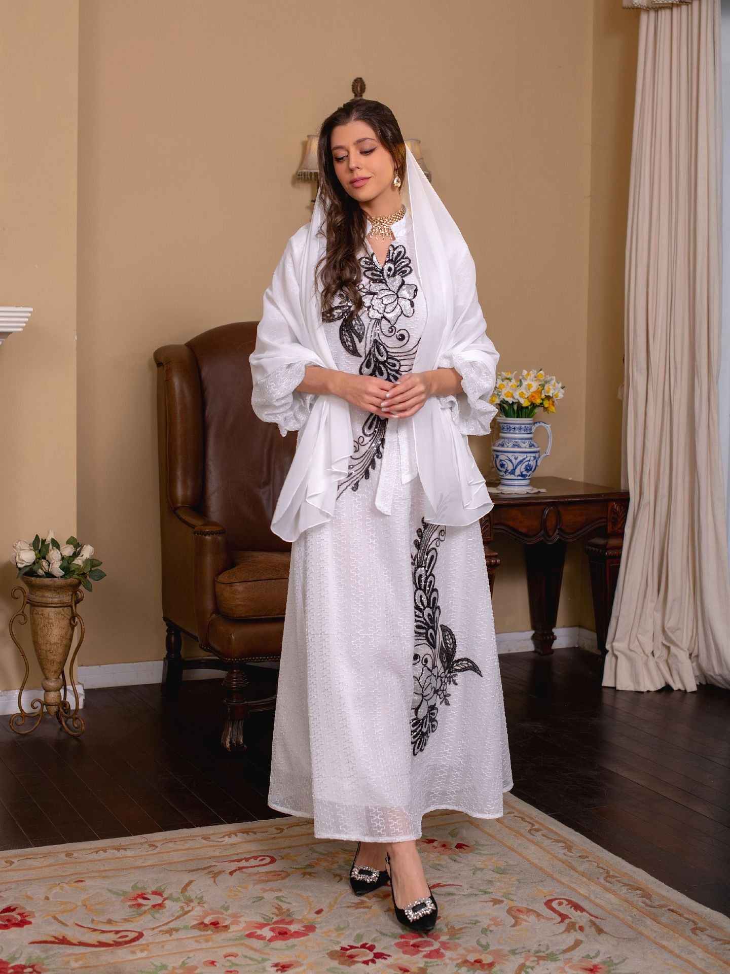 Floral Muslim Women's Embroidery Robe Dress