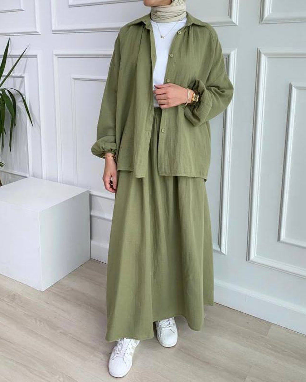 Women's Puff Sleeve Shirt Skirt Chic Casual Suit