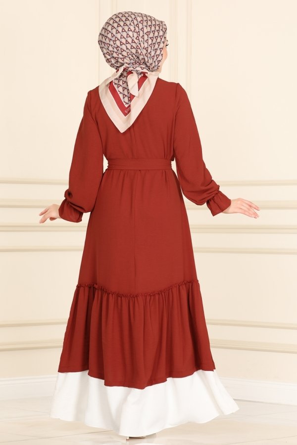 Color-blocked Fungus-trimmed Waist-cinching Lace-up Dress