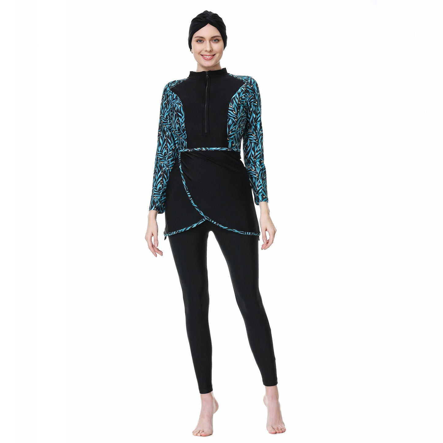 Printed Patchwork Pants + Top + Hat Three-piece Swimsuit Burkini