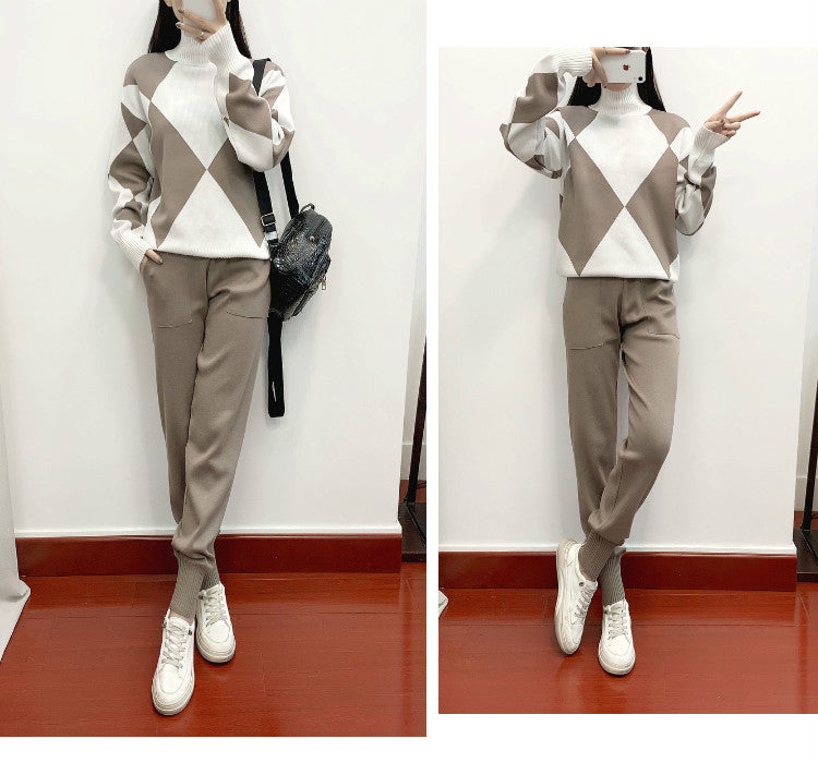 Women's Casual Knitted Plaid Sweater Two-piece Set