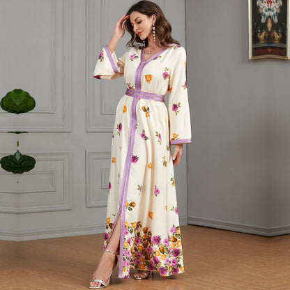 Arabic V-neck Floral Patterned Dress