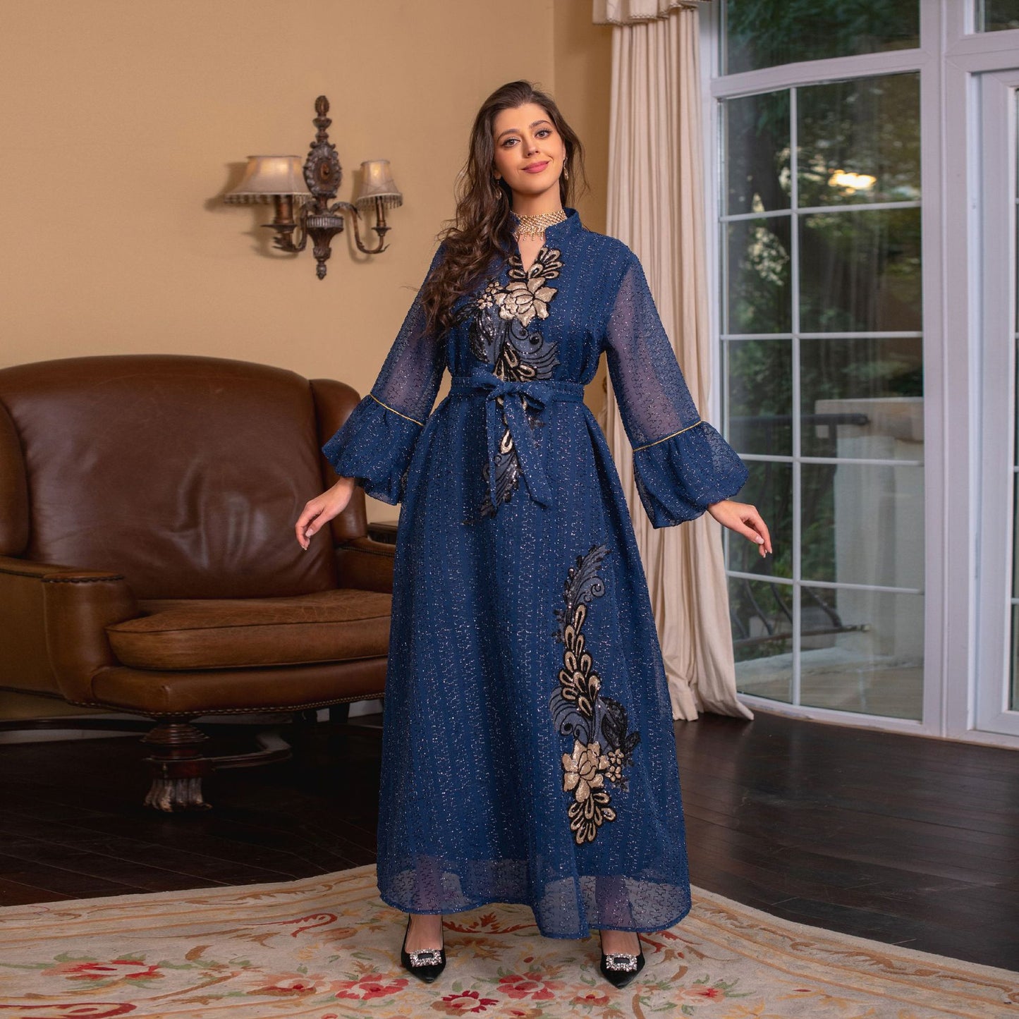 Floral Muslim Women's Embroidery Robe Dress