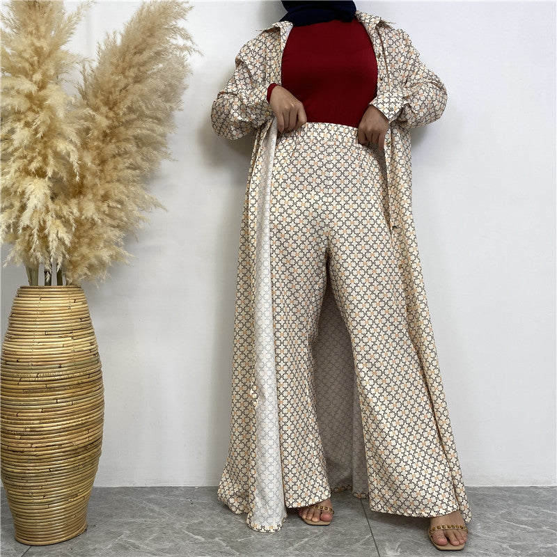 Printed Satin Button-down Robe+ Pocket Pants Two-piece Set