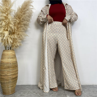 Printed Satin Button-down Robe+ Pocket Pants Two-piece Set